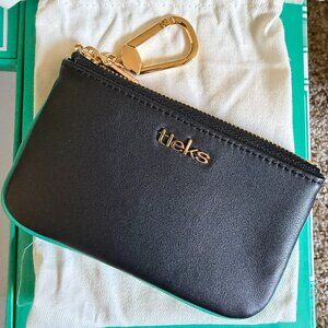 BRAND NEW TIEKS BY GAVRIELI MATTE BLACK LEATHER KEY POUCH COIN PURSE WITH CHAIN
